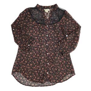 Y2K Whimsygoth Size Large Sheer Floral Chiffon Blouse Black Lace Button Front